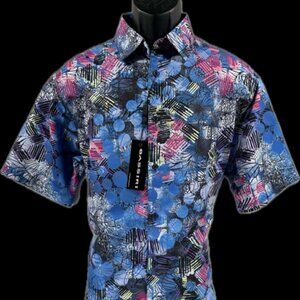 Bassiri Men's Casual Button-Front Shirt Blue Black Pink Fushia Short Sleeves